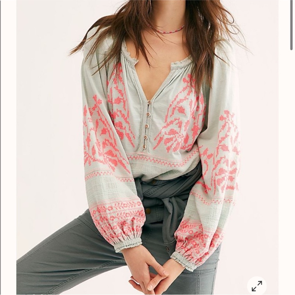 Free People Persuasion Embroidered Balloon Sleeve Top Sz S Mint Green Pink Boho
